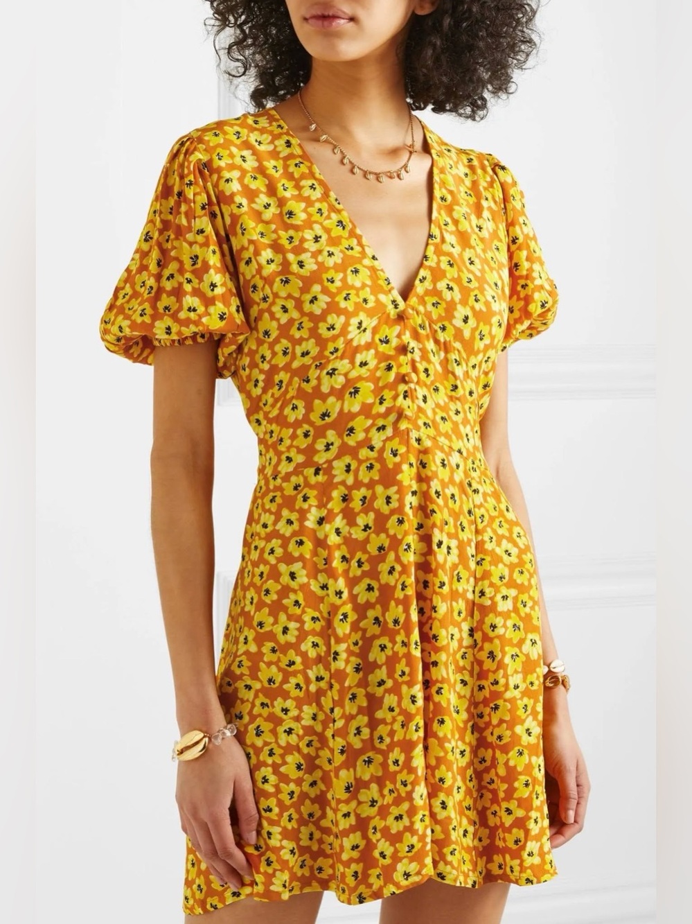 Faithfull the Brand “Ilia” Yellow Floral Mini Dress, Puffed Sleeves, Size 6